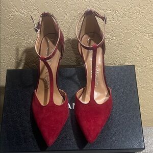 Calvin Klein Red Suede T-Strap Pointed Toe Heels - Women